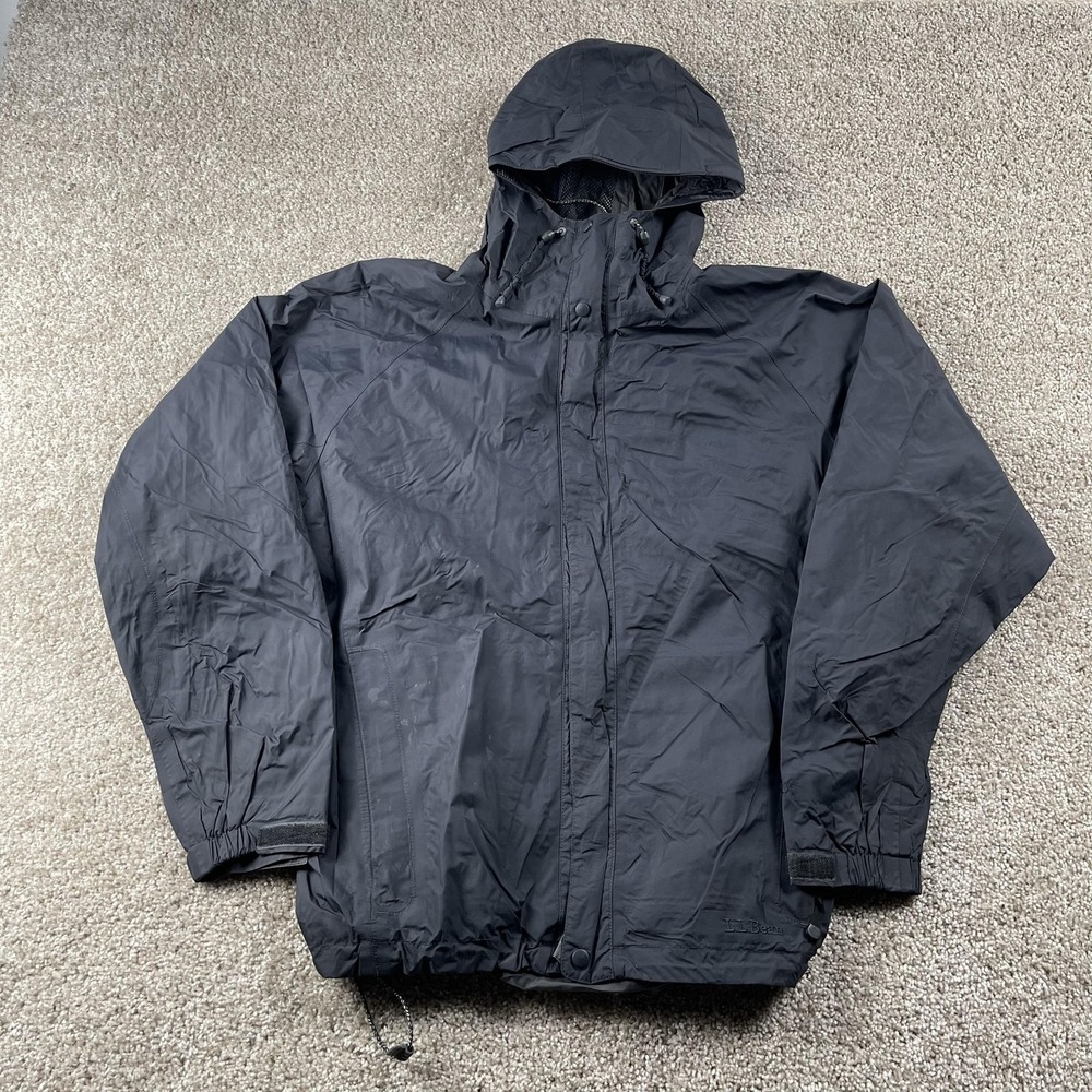 LL Bean Jacket Mens Medium Black Nylon Hooded Windbreaker Full Zip Outdoor‎